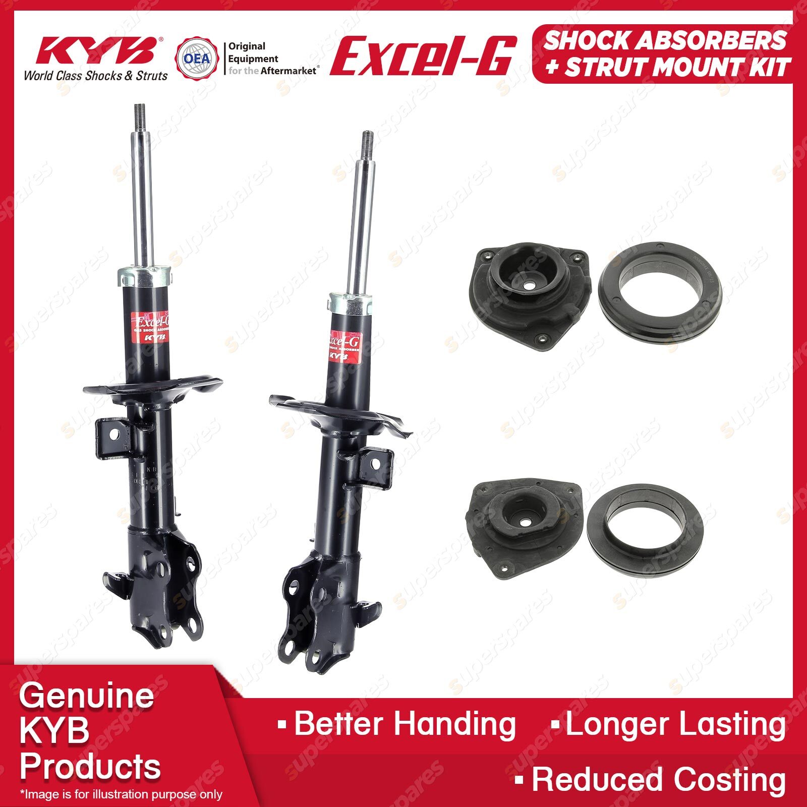 2x Front KYB Shock Absorbers + Strut Mount Kit for Nissan Tiida