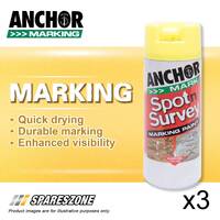 3 x Anchor Spot Survey Yellow Fluorescent Marking Spray Paints 350G Durability