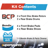 F + R BCP Brake Rotors Drums Bendix Pads Shoes for Holden Camira JB 1.6L 1.8L