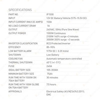 Projecta 12V 1500W Pure Sine Inverter - AS/NZS Approved 240V Socket