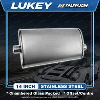 Lukey 8 1/2" X 5" Oval 14" Offset/Centre Muffler 3" Chambered Glass Packed SS