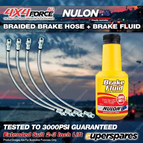 4 F+R Braided Brake Hoses + Nulon Fluid for Mitsubishi Pajero NS NT 2"-3" Lift