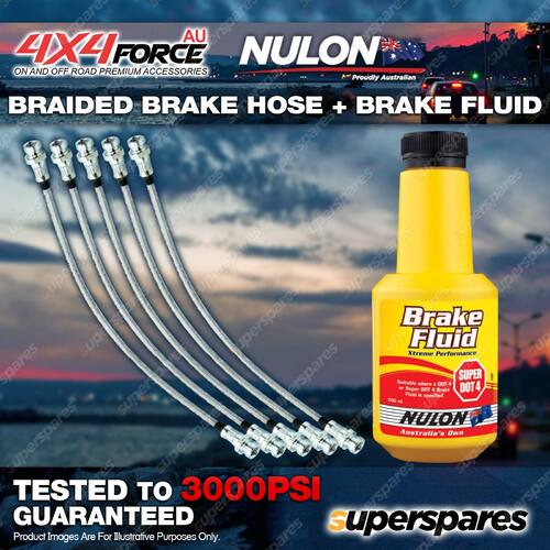 5 F+R LH+RH Braided Brake Hoses + Nulon Fluid for Mitsubishi Pajero NL V25