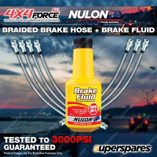 7 F+R Braided Brake Hoses + Nulon Fluid for Mitsubishi Pajero NJ NK V45 95-97