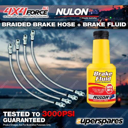 4x F+R Braided Brake Hoses + Nulon Fluid for Mitsubishi Pajero NS NT NW NX 06-on