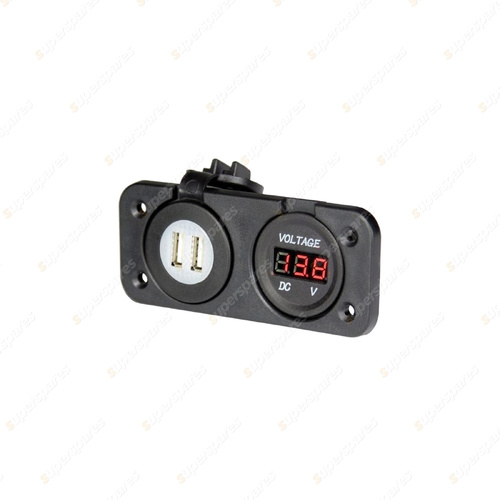 Aerpro Panel Mount Dual USB Socket & LED Voltmeter - 12V/24V DC Heavy Duty