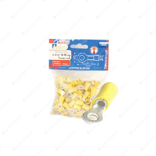 Aerpro 5.3mm O-Ring Terminal Yellow - 12-10AWG 4-6mm Copper Sleeved Pack of 100