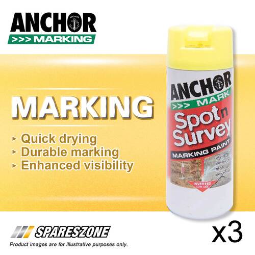 3 x Anchor Spot Survey Yellow Fluorescent Marking Spray Paints 350G Durability