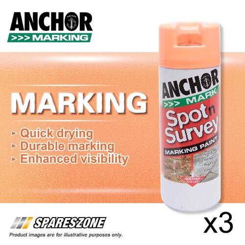 3 x Anchor Spot Survey Orange Fluorescent Marking Spray Paints 350G Durability