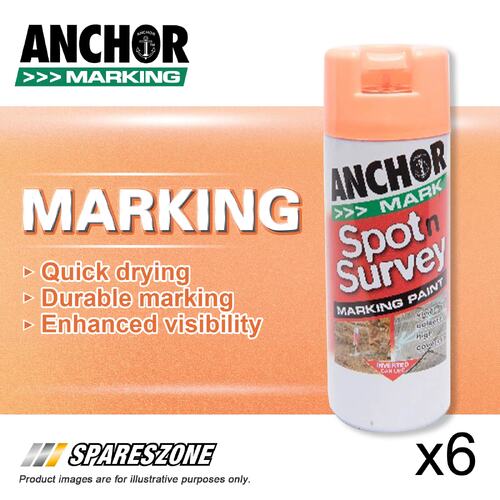 6 x Anchor Spot Survey Orange Fluorescent Marking Spray Paints 350G Durability