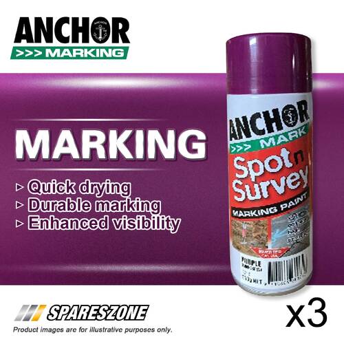 3 x Anchor Spot Survey Purple Fluorescent Marking Spray Paints 350G Durability