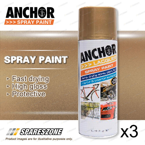 3 x Anchor Gold Lacquer Spray Paint 300 Gram Versatile Aerosol Coating