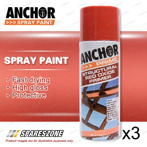 3 x Anchor Red Oxide Primer Lacquer Spray Paint 300 Gram Aerosol Coating