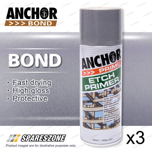 3 x Anchor Bond Etch Primer Grey Paint 300 Gram For Repair On Colorbond