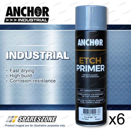 6 Packets of Anchor Industrial Etch Primer Grey Aerosol Paint 400g Fast Drying