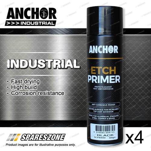 4 Packets of Anchor Industrial Etch Primer Black Aerosol Paint 400g Fast Drying