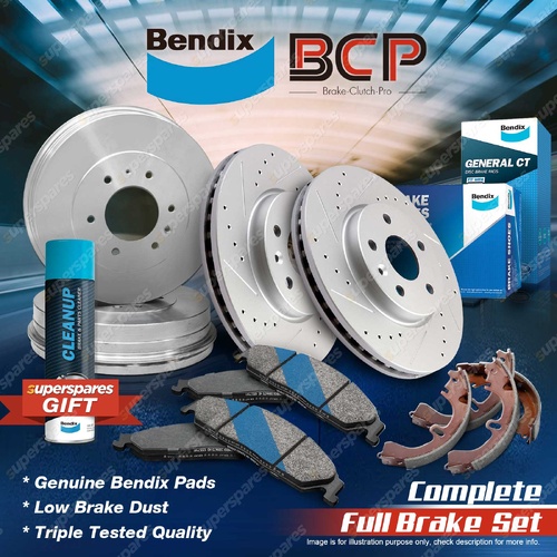 F + R BCP Slotted Brake Rotors Drums Bendix Pads Shoes for Ford Festiva WF 1.3L