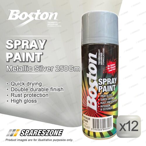 12x Boston Metallic Silver Spray Paints 250G Silver Sleek Rust Prevention Finish