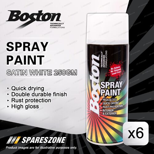 6 x Boston Satin White Spray Paint Cans 250 Gram High Gloss Rust Protection