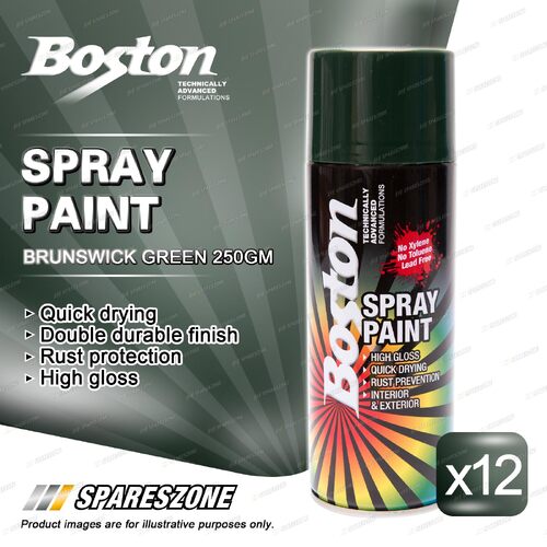 12 x Boston Brunswick Green Spray Paint Cans 250 Gram High Gloss Rust Protection