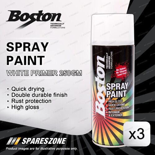 3 x Boston White Primer Spray Paint Cans 250 Gram Quick Drying Rust Protection