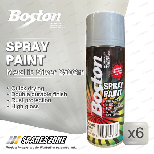 6 Boston Metallic Silver Spray Paint 250Gram Silver Sleek Rust Prevention Finish