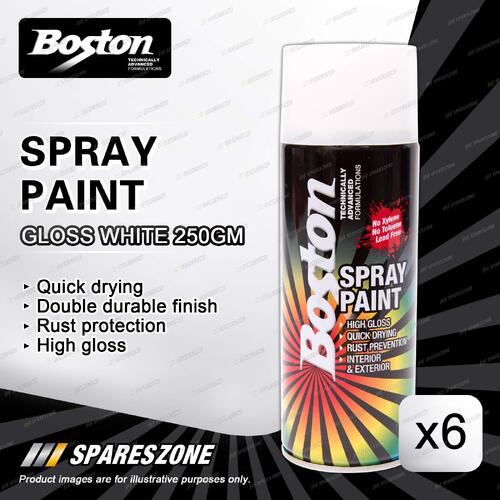 6 x Boston Gloss White Spray Paint Can 250 Gram High Gloss Rust Protection