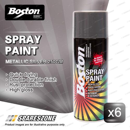 6 x Boston Metallic Silver Spray Paint Can 250 Gram High Gloss Rust Protection