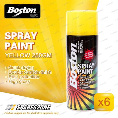 6 x Boston Yellow Spray Paint Can 250 Gram High Gloss Rust Protection