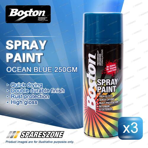 3 x Boston Ocean Blue Spray Paint Can 250 Gram High Gloss Rust Protection