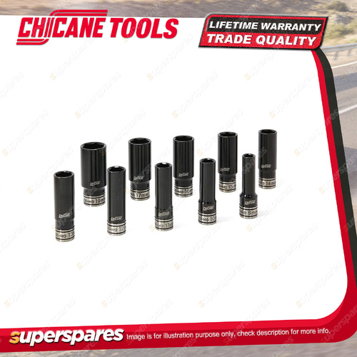 10 Pcs Chicane 1/2" Drive 6Pt Metric Dual Deep Impact Socket Set - Cr-Mo Steel