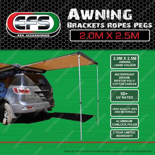 EFS Sand Colour Waterproof 50+ UV Awning Brackets Ropes Pegs 2.0m x 2.5m