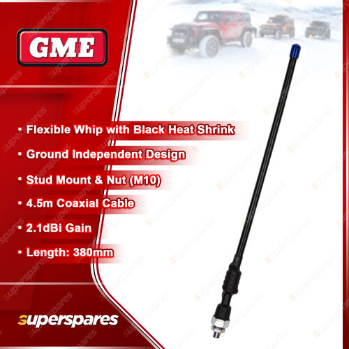 GME 380mm 2.1DBI Gain Flexible Antenna - with Black Heat Shrink Stud Mount & Nut