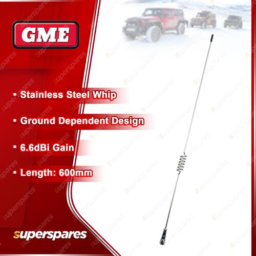 GME 600mm 6.6DBI Gain Stainless Steel UHF CB Antenna Whip -4WD Offroad AE-SS4007