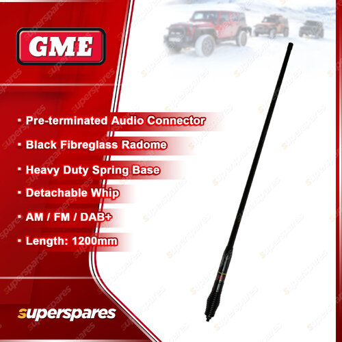 GME 1200mm Black Fibreglass Radome AM/FM Antenna with Heavy Duty Spring Base