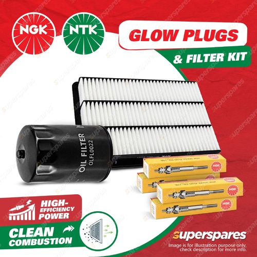 NGK Glow Plug & NTK Air Oil Filter Kit for Mitsubishi Pajero NM 2.8L 4M40T 00-02