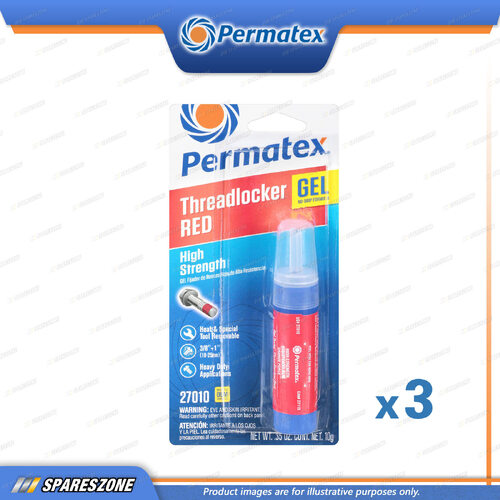 3 x Permatex High Strength Threadlocker Red Gel Carded 10G Vibration Resistance