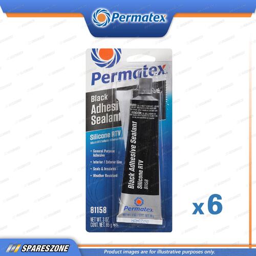 6 x Permatex Black Silicone Adhesive Sealants Carded 85G Low Odor Formula