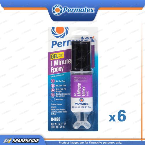 6 x Permatex 1 Minute General Purpose Epoxy Adhesives Clear Dual Syringe 25ML