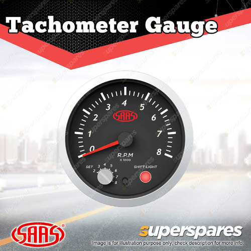 SAAS Tachometer Petrol 0-8K RPM Shiftlight 80mm Black Street Series 12V