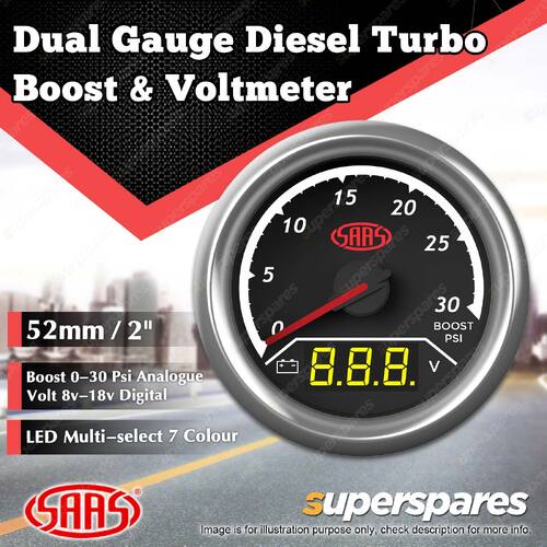 SAAS Dual Gauge Boost 0-30 Psi Analogue / Voltmeter 8v-18v Digital Trax Series