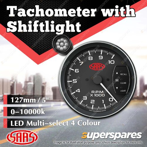 SAAS Tachometer 0-10K with Shiftlite 127mm 5" Black Face Muscle Series