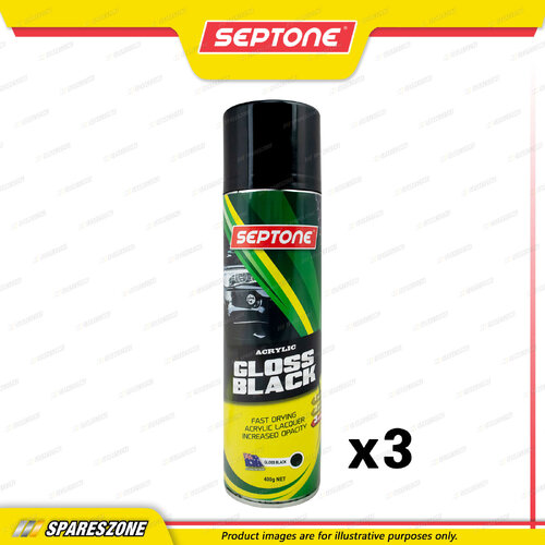 3 x Septone Acrylic Paint Gloss Black Aerosol Spray 400 Gram Gloss Finish