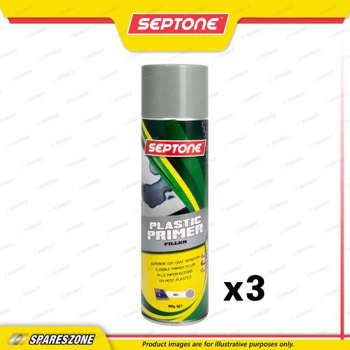 3 x Septone Plastic Primer Filler Spray Paint Aerosol Grey 400 Gram Fast Drying