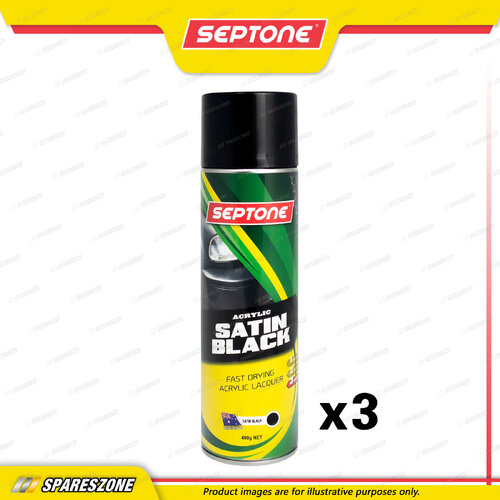 3 x Septone Acrylic Spray Paint Aerosol Satin Black 400 Gram Fast Drying