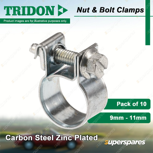 Tridon Nut & Bolt Hose Clamps 9mm - 11mm Carbon Zinc Plated Pack of 10