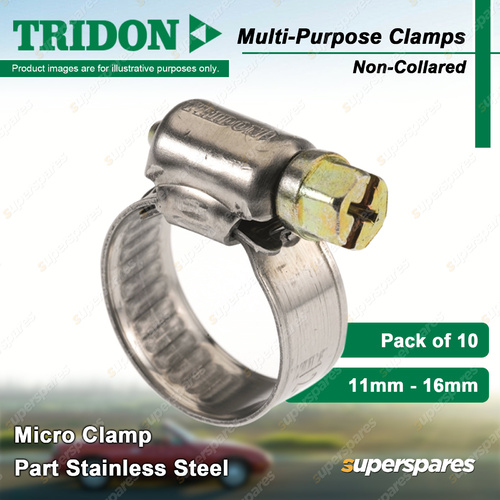 Tridon Multi-Purpose Micro Hose Clamps 11-16mm Non-Collared Part Stainless x 10