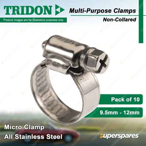 Tridon Multi-Purpose Micro Hose Clamps 9.5mm - 12mm Non-Collared Pack of 10