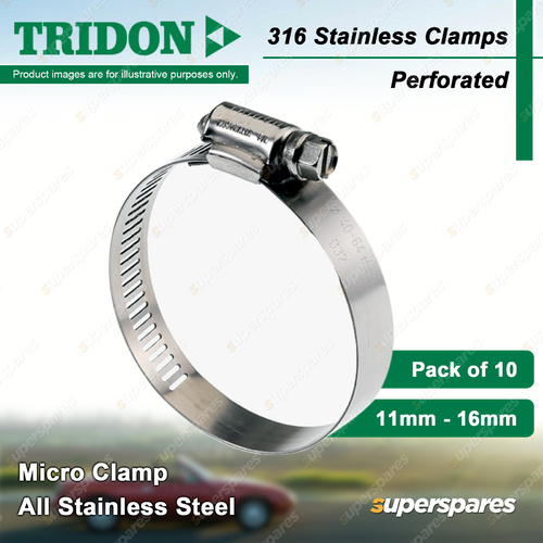 Tridon 316 Stainless Steel Micro Hose Clamps 11mm - 16mm Perforated Pack of 10