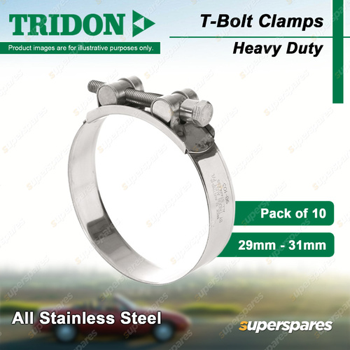 Tridon T-Bolt Hose Clamps 29-31mm Heavy Duty All 304 Stainless Steel Pack of 10